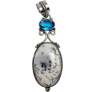 Dendritic Agate Sterling Silver Pendant Necklace with Faceted Blue Stone
